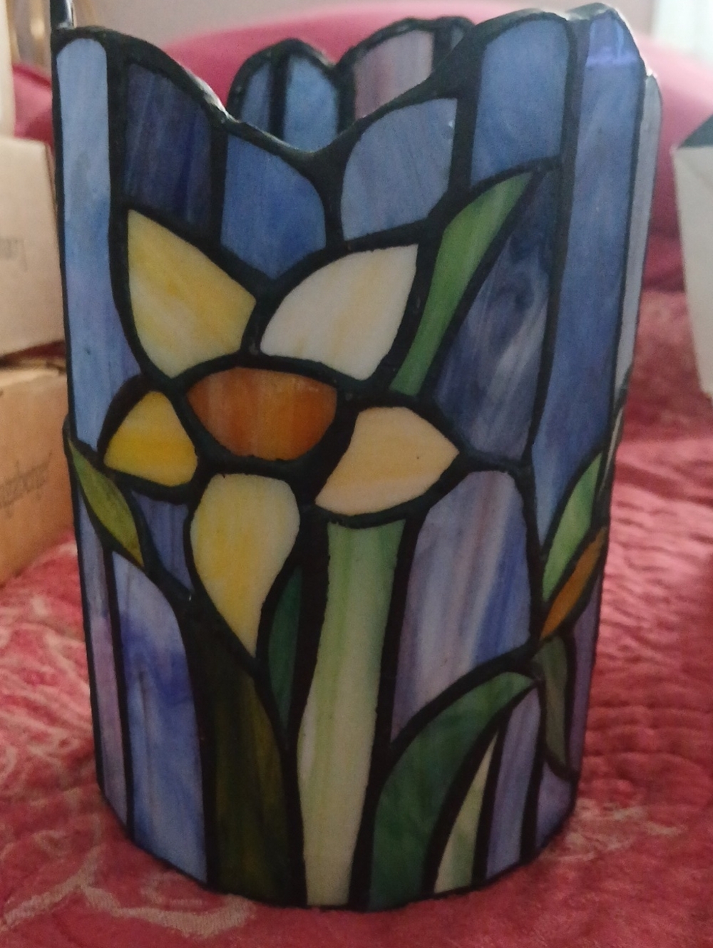 Blue Stained Glass Daffodil Candle Holder